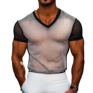 Men's Retro Casual Summer Cool Mesh Fabric Colorblock V-neck Short Sleeve T-shirt