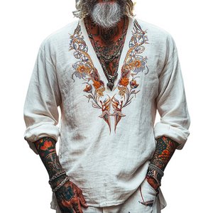 Men's Vintage Casual V-Neck Cotton Blend Embroidered Long Sleeve T-Shirt
