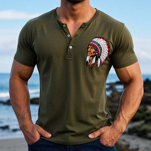Men's Casual Printed Henley Neck Short Sleeve T-Shirt