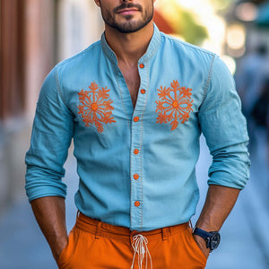 Men's Light Blue Contrast Embroidered Denim Shirt