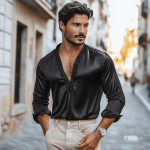 Men's Casual Sexy Lace And Satin Stitching Deep V Neck Long Sleeve Shirt