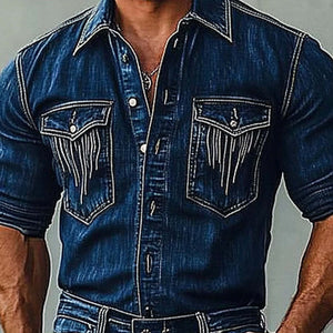 Men's Distressed Vintage Long Sleeve Denim Shirt