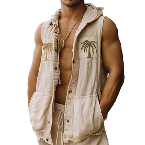 Men's Palm Leaf Embroidered Raw Edge Hooded Vest