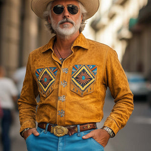Men's Vintage Embroidered Suede Casual Long Sleeve Shirt