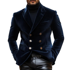 Men's Vintage Elegant Velvet Peaked Lapel Double Breasted Slim Fit Blazer