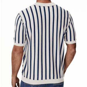 Men's Casual Contrast Color Striped Lapel Knitted Loose Short-Sleeve Polo Shirt