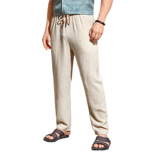 Men's Casual Cotton Linen Elastic Waist Straight Pants