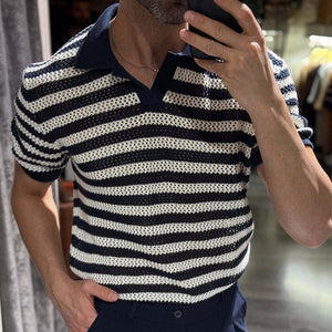 Men's Knitted Striped Casual Short-sleeved POLO Shirt