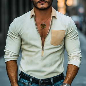Men's Spring Fashion Casual Deep V Neck Zipper Suede Long Sleeve Shirt