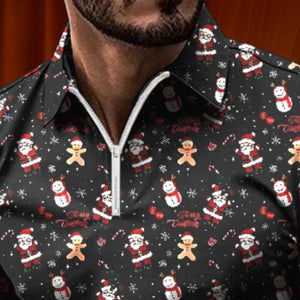 Men's Retro Casual Christmas Floral Print Long Sleeve Polo Shirt