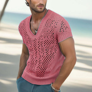 Men's Summer Fashion V-neck Knitted Mesh Breathable T-shirt