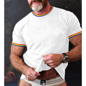 Men's Rainbow Stripe Patchwork Round Neck Short Sleeve T-Shirt