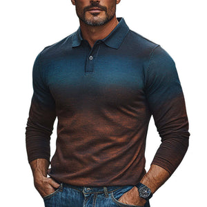 Men's Retro Gradient Colorblock Print Polo Neck Slim Fit T-Shirt
