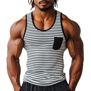 Men's Casual Striped Stitching U-Neck Patch Pocket Slim Fit Tank Top