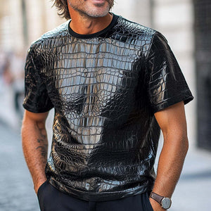 Men's Black Crocodile Textured PU Leather Short Sleeve T-Shirt
