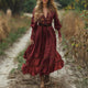 Women's Maxi Dress Vintage V-neck Linen Long-sleeved Dress Pastoral Style Linen Dress