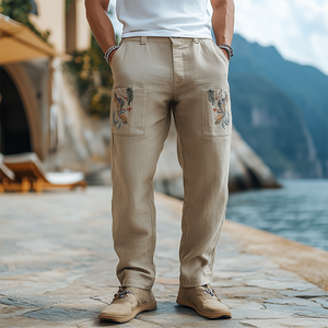 Men's Spring And Summer Retro Personalized Cotton And Linen Embroidered Casual Pants
