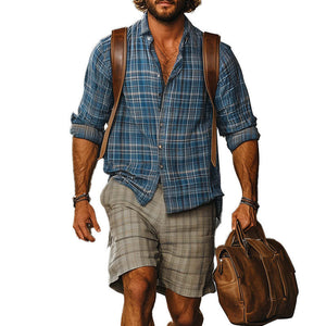 Men's Western Retro Plaid Print Long Sleeve Shirt Shorts Set