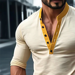 Men's Vintage Slim Fit Henley Neck Stretch Long Sleeve T-Shirt