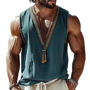 Men's Summer V-neck Vintage Embroidered Tank Top