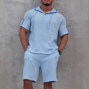 Men's Cotton And Linen Solid Color Short-Sleeved Shorts Two-Piece Set