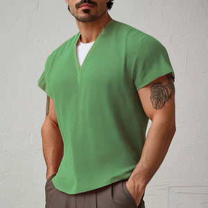 Men's Summer Basic V-neck Textured Short-sleeved T-shirt