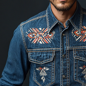 Men's Retro Casual Ethnic Style Printed Denim Lapel Long Sleeve Shirt