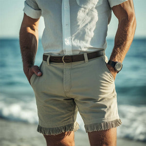 Men's Summer Retro Light Green Tassel Patchwork Shorts