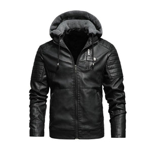 Men's Vintage Hooded Fleece Warm Zip-Up Slim Fit Leather Jacket