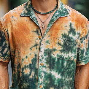 Men's Orange Green Mottled Tie Dye Casual Short Sleeve Shirt