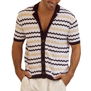 Men's Knit Wavy Pattern Notch Lapel Single Breasted Short Sleeve Polo Shirt