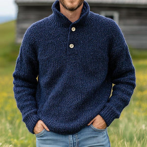 Men's Vintage Dark Blue Two-Button Stand Collar Knit Sweater