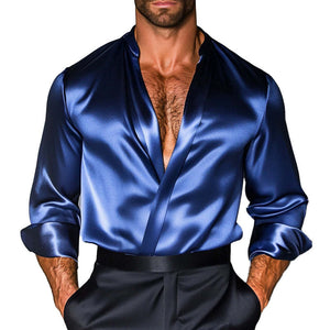 Men's Loose Shiny Stand Collar Long Sleeve Shirt
