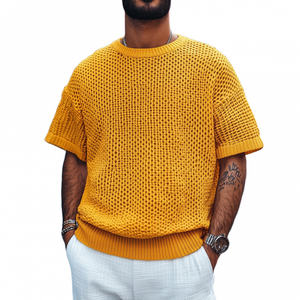 Men's Casual Round Neck Soft Loose Knitted Short Sleeve Sweater T-Shirt