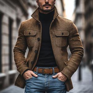 Men's Vintage Herringbone Lapel Multi-Pocket Mid-Length Coat