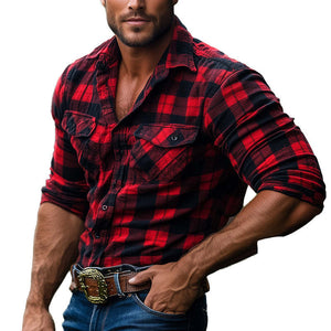 Men's Retro Red Plaid Long Sleeve Shirt