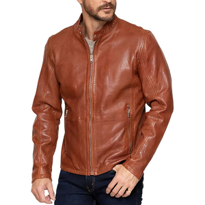 Men's Vintage Orange Snap Collar Zipper Leather Jacket