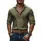 Men's Casual Linen Lapel Floral Embroidery Slim Fit Long Sleeve Shirt