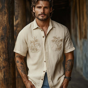 Men's Casual Khaki Tencel Vintage Embroidery Short Sleeve Shirt