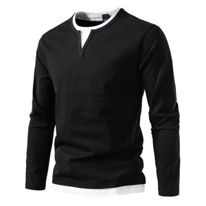 Men's Casual Color Matching Fake Two-Piece Double-Layer V-Neck Long-Sleeved T-Shirt