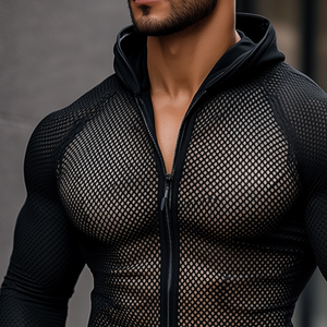 Men's Retro Casual Mesh Fabric Splicing Hooded Zipper Sports Long Sleeve T-Shirt