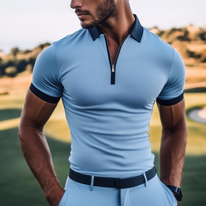Men's Fashion Slim Fit Pit Stripe Splicing Mercerized Cotton Golf Short Sleeve POLO Shirt