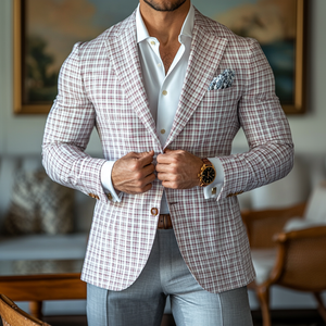Men's Fashion Spring Summer Checked Notch Lapel Two Buttons Blazer