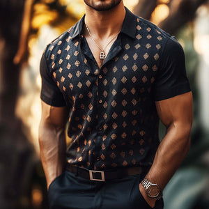 Men's Retro Casual Geometric Print Linen Lapel Short Sleeve Shirt