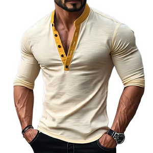 Men's Vintage Slim Fit Henley Neck Stretch Long Sleeve T-Shirt