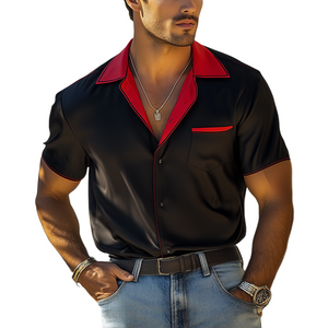 Men's Fashion Spring And Summer Contrast Color Stitching Satin Short Sleeve Shirt