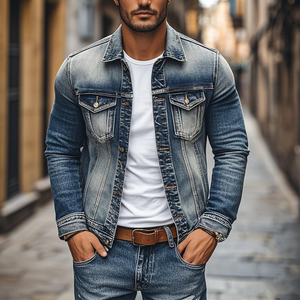 Men's Vintage Denim Heavy Wash Lapel Single Breasted Slim Fit Jacket