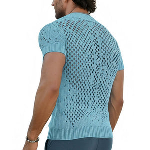 Men's Summer Fashion V-neck Knitted Mesh Breathable T-shirt