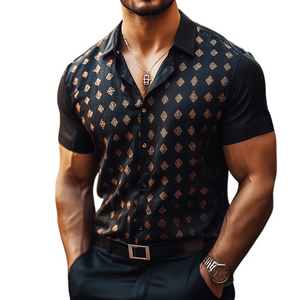 Men's Retro Casual Geometric Print Linen Lapel Short Sleeve Shirt