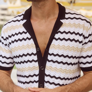 Men's Knit Wavy Pattern Notch Lapel Single Breasted Short Sleeve Polo Shirt